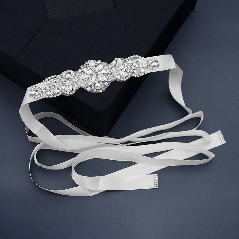 Bridal Sash Ribbon - Sweet Silver Wedding Rhinestone Belt Satin